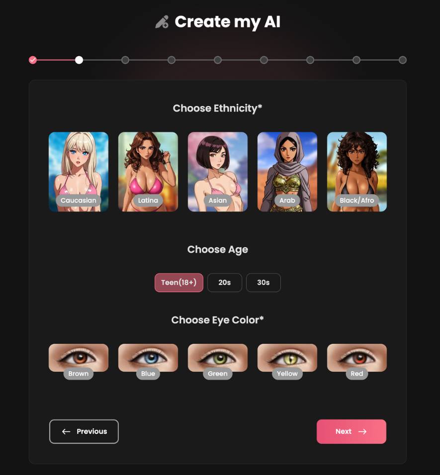 step2 - choose ethnicity, age, eye color