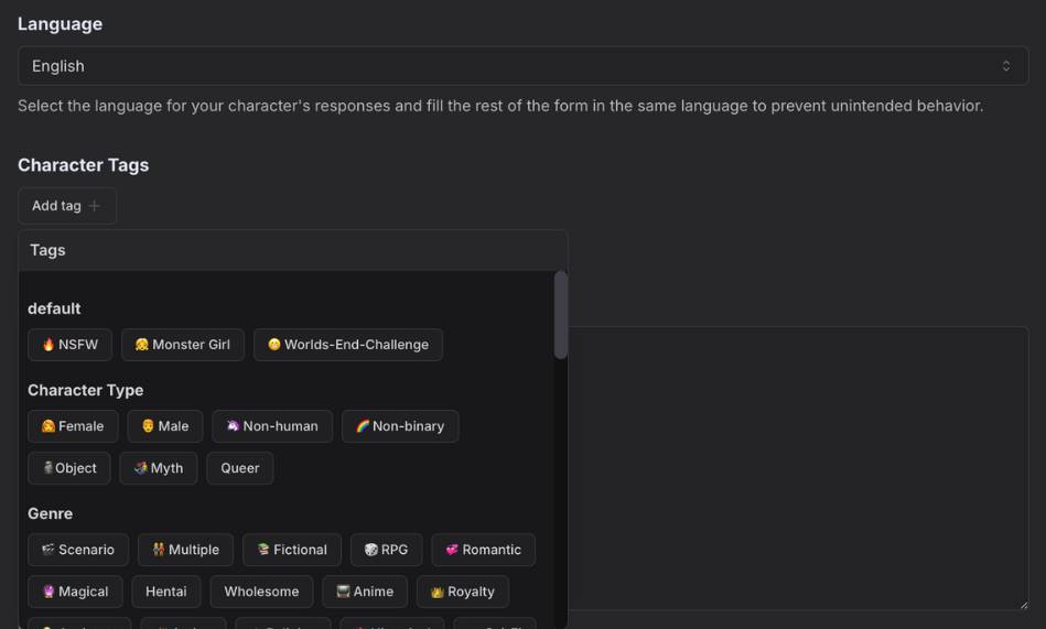 step2 - select language and character tags