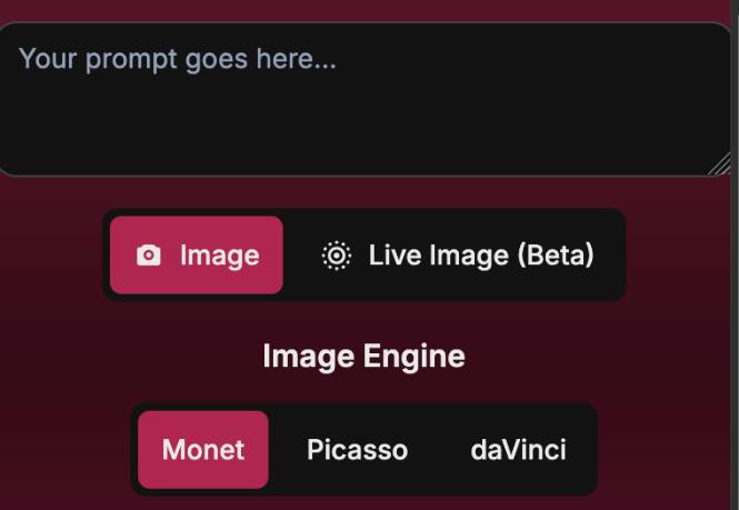 step 2 - write prompt, select image or live image, select image engine