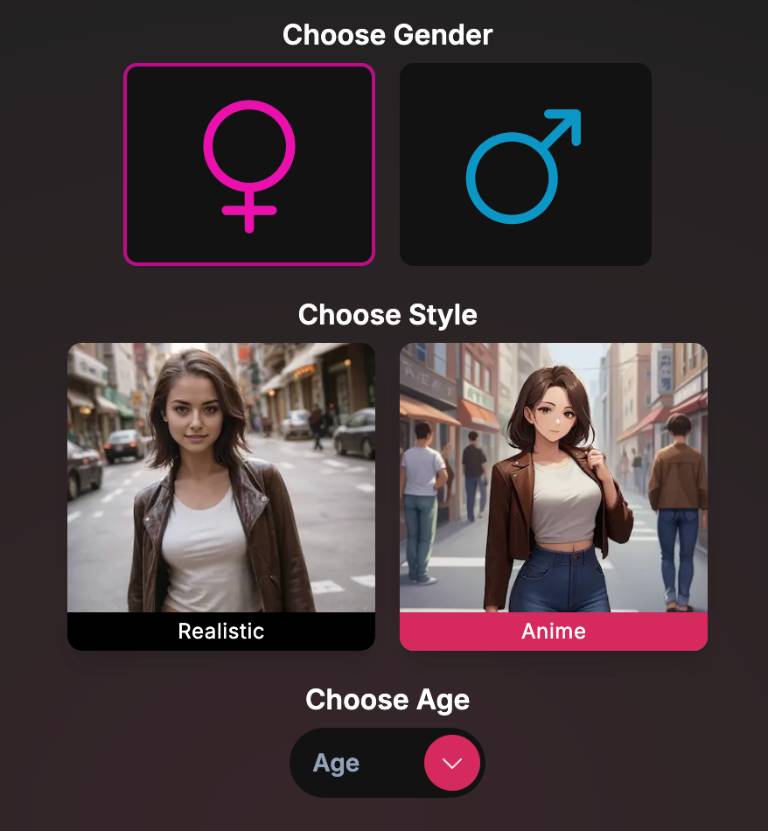 step1 - choose gender, anime style and age