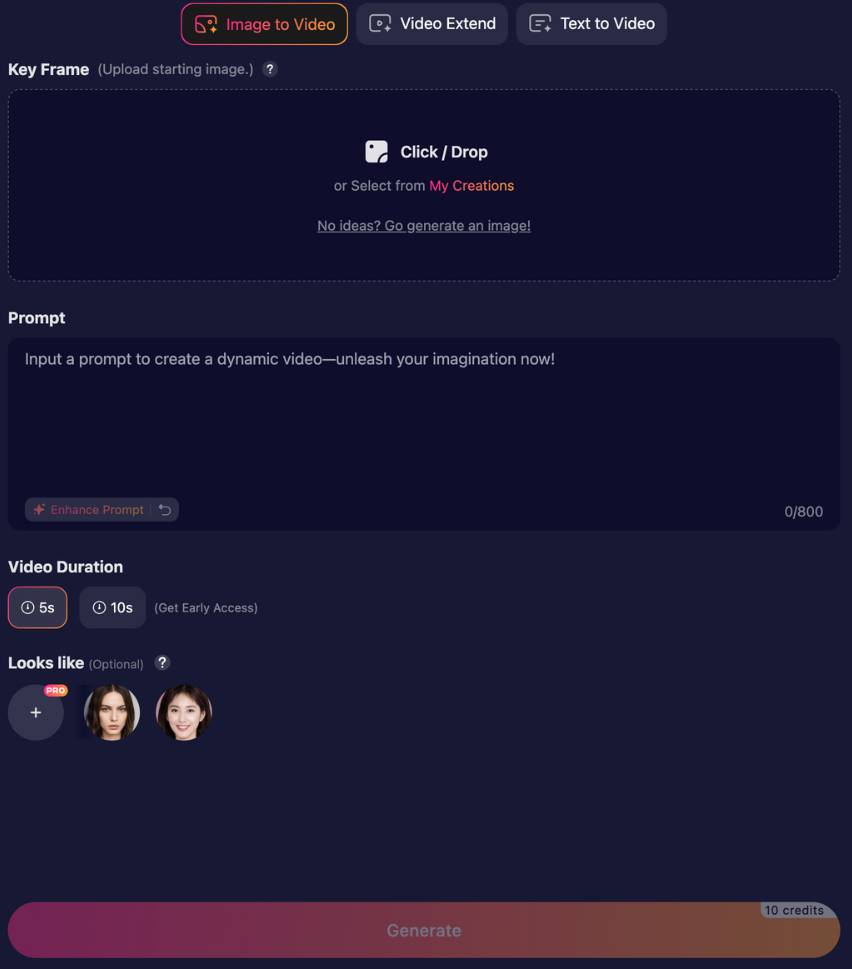 step1 - image to video - add image, prompt, select video duration, looks like