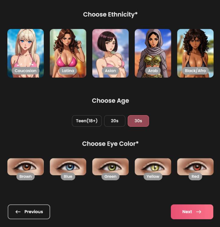 step2 - choose ethnicity, age and eye color