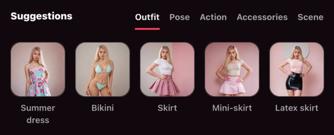 step2 - select outfit, pose, action, accessories and scene