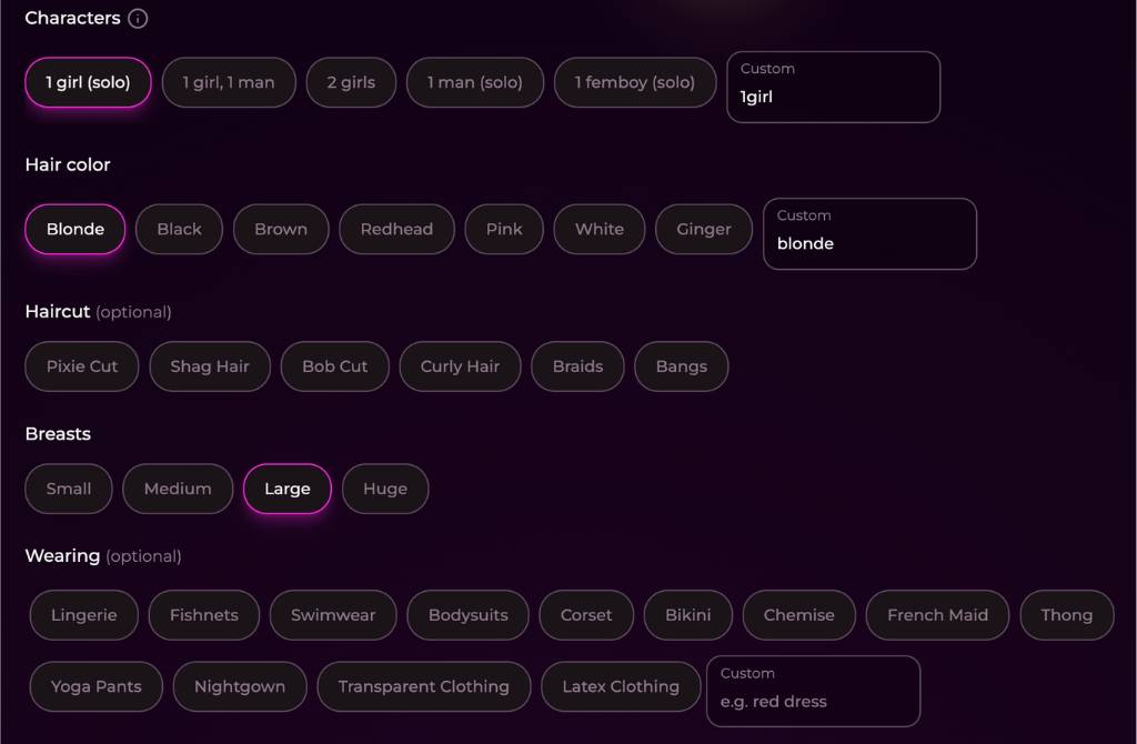 step3 - choose characteristics like hair color, haircut, breast, wearing