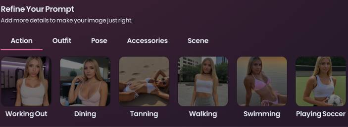 step3 - refine the prompt, choose action, outfit, pose, accessories, scene