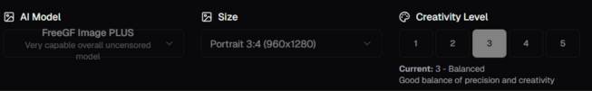 step3 - select ai model, image size, creativity level