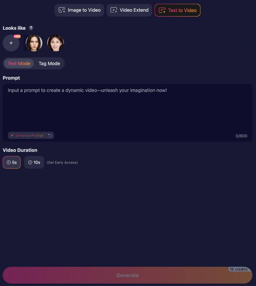 step3 - text to video - select looks like, add prompt, select video duration, select mode