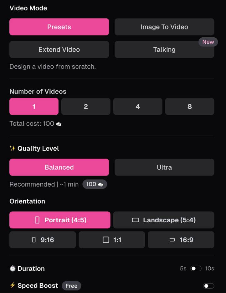 step4 - select video mode, number of videos, quality, orientation, duration, speed