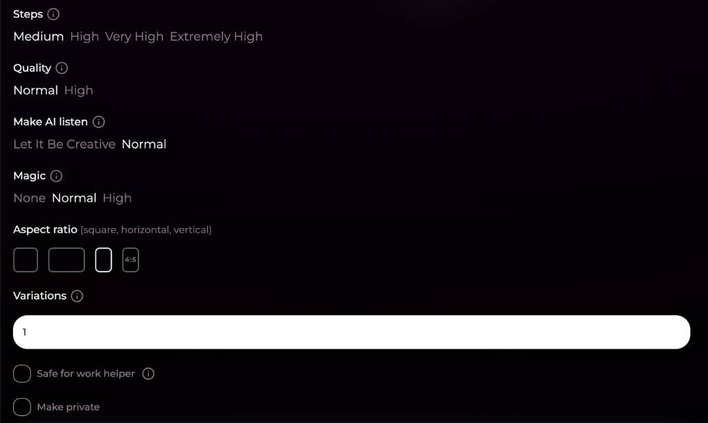 step5 - select image quality, ratio, variations
