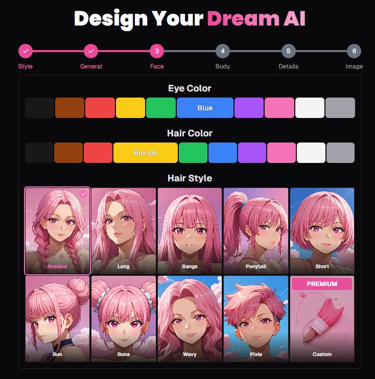 step3 - select eye color, hair color, hair style