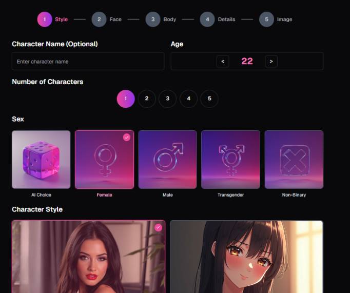 step 1 - choose name, sex and style