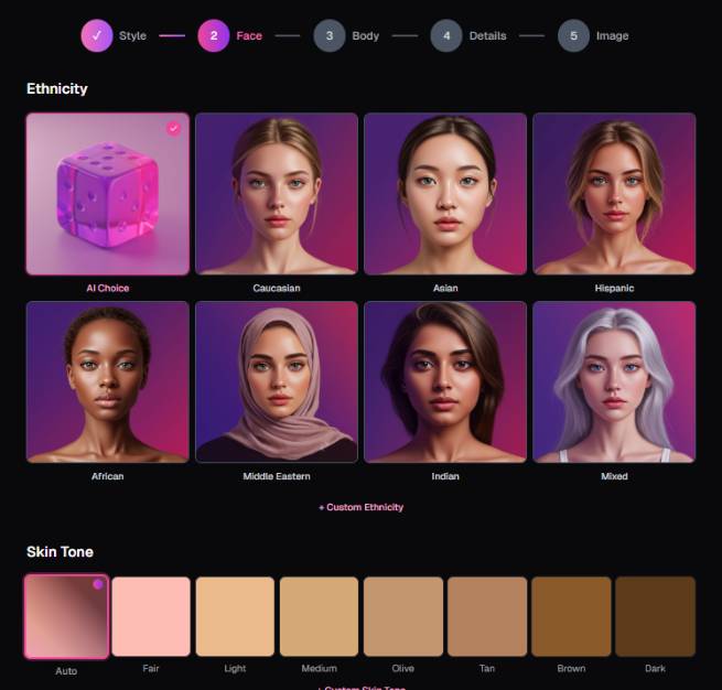 step 2 - choose face characteristics