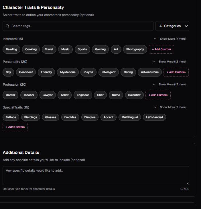 step 5 - choose personality characteristis and more details