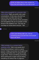 In this Candy AI chat scene, AI character Mila describes how sitting together in silence would feel, expressing nervousness and anticipation in a reflective roleplay moment.