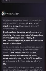 During this MyDreamCompanion AI chat, the AI generated character Willow Jasper opens up about her passion for physics, shifting the tone into a calm, reflective conversation.