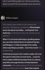 This MyDreamCompanion AI chat screenshot shows Willow Jasper, an AI generated character, revealing her unexpected hobby of writing Star Trek fanfiction during a relaxed exchange.